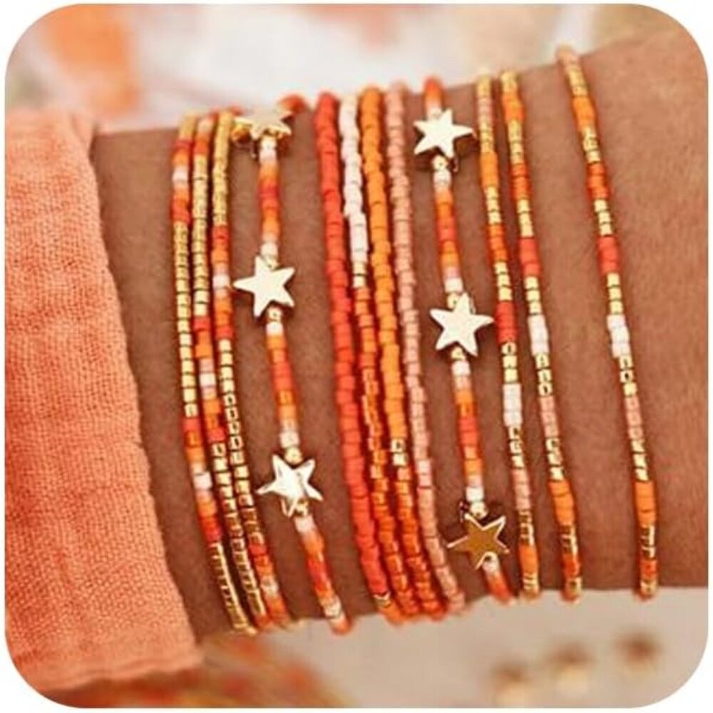 Gold Fall Orange Beaded Bracelets Stack for Women, 12PCS Boho Handmade Stackable